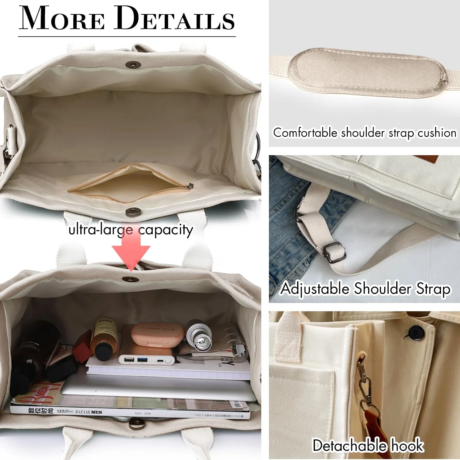 Canvas Tote Bag for Women,Large Totes Bags with Pockets,Womens Crossbody Purse Handbags for Travel Work Gift,2 Sizes