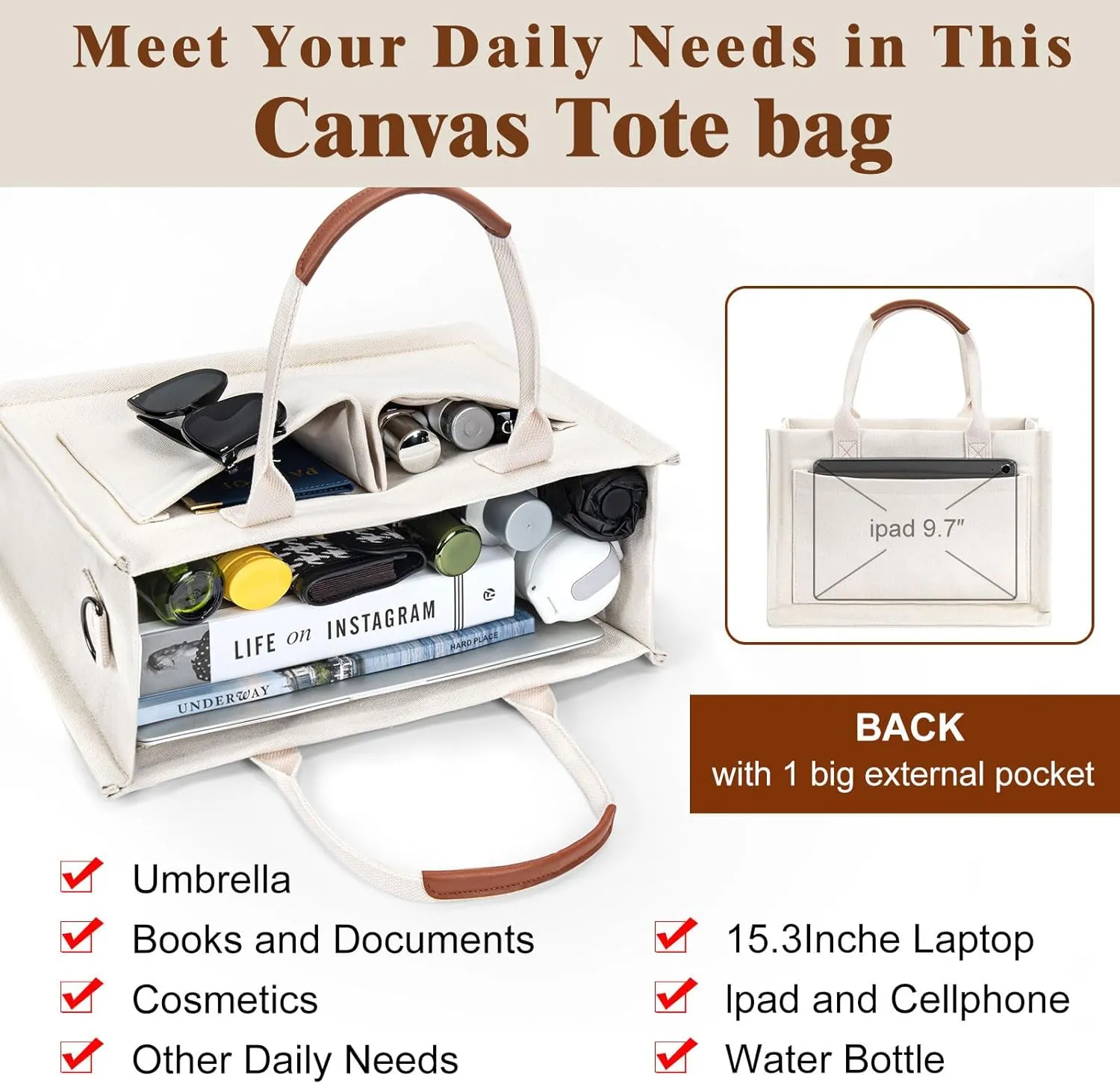 Canvas Tote Bag with Pockets Work Tote Bags for Women Laptop Work Crossbody Tote Purse Tote Bag Shoulder Handbags