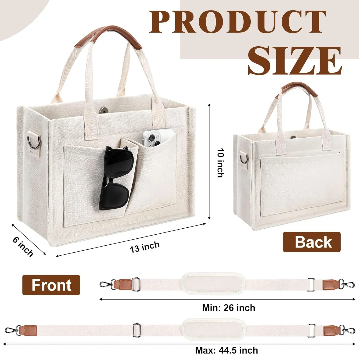Canvas Tote Bag with Pockets Work Tote Bags for Women Laptop Work Crossbody Tote Purse Tote Bag Shoulder Handbags