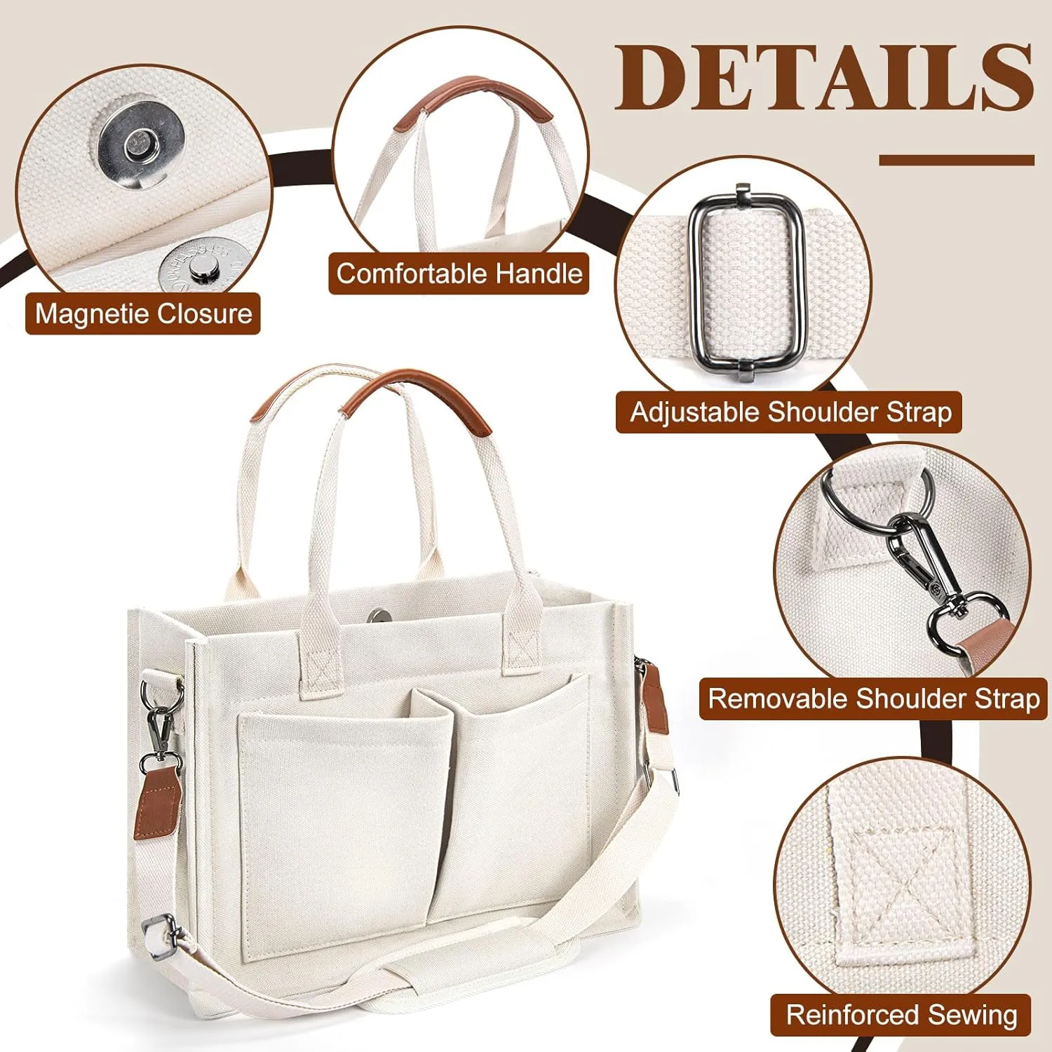 Canvas Tote Bag with Pockets Work Tote Bags for Women Laptop Work Crossbody Tote Purse Tote Bag Shoulder Handbags