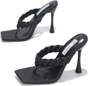 Cape Robbin Women's Square Open Toe Thong Sandal Stiletto Flip Flops Slip on High Heel Mule Shoes