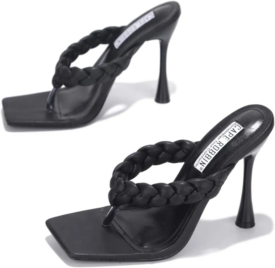 Cape Robbin Women's Square Open Toe Thong Sandal Stiletto Flip Flops Slip on High Heel Mule Shoes