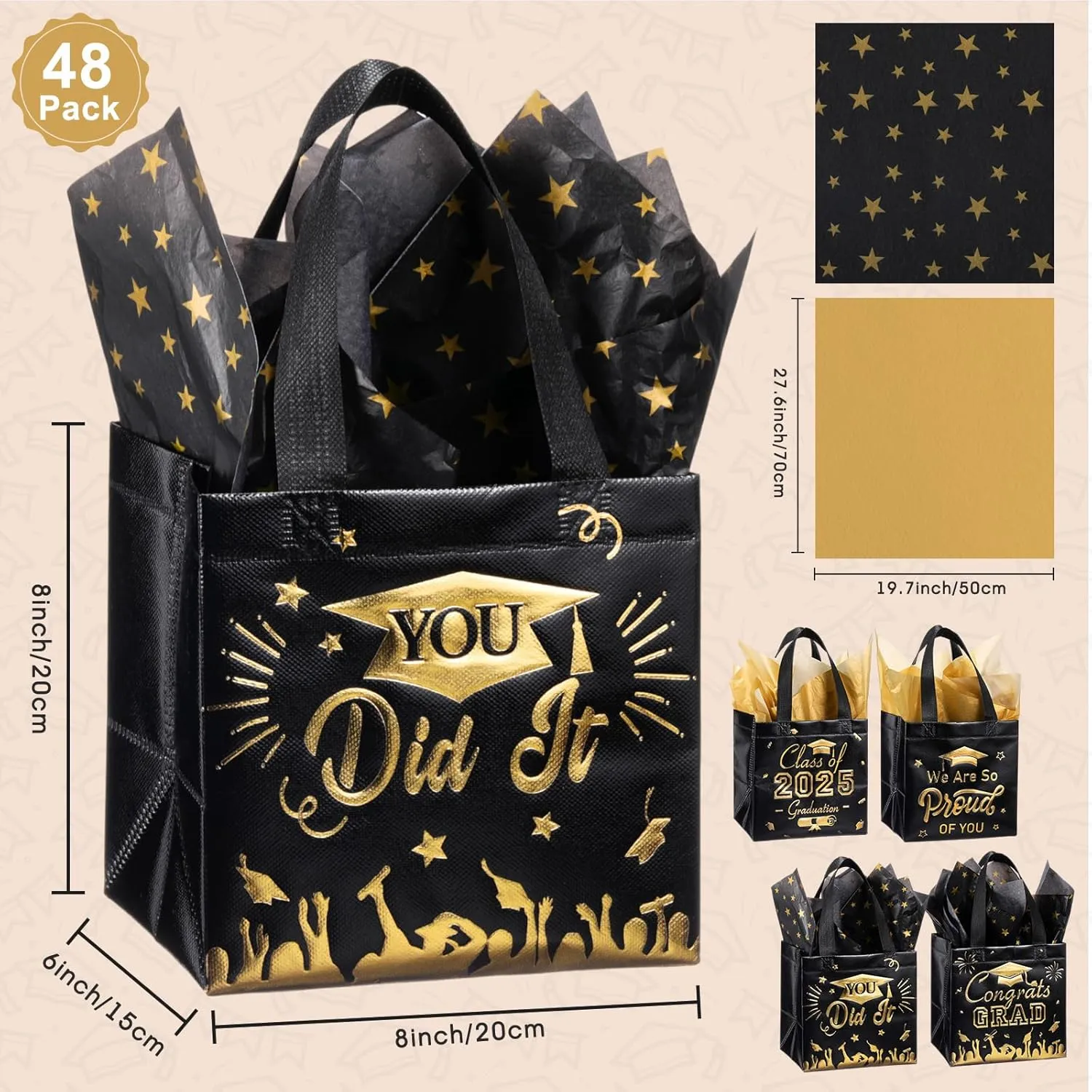 Capoda 48 Pack Graduation Gift Bags with Tissues 8 x 8 x 6 Inches 2025 Congrats Graduation Party Favor Treat Bags for College School Class of 2025 Grad Party Supplies