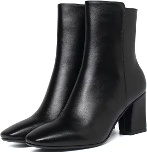 Caradise Womens High Chunky Heeled Boots Zip Up Square Toe Ankle Booties