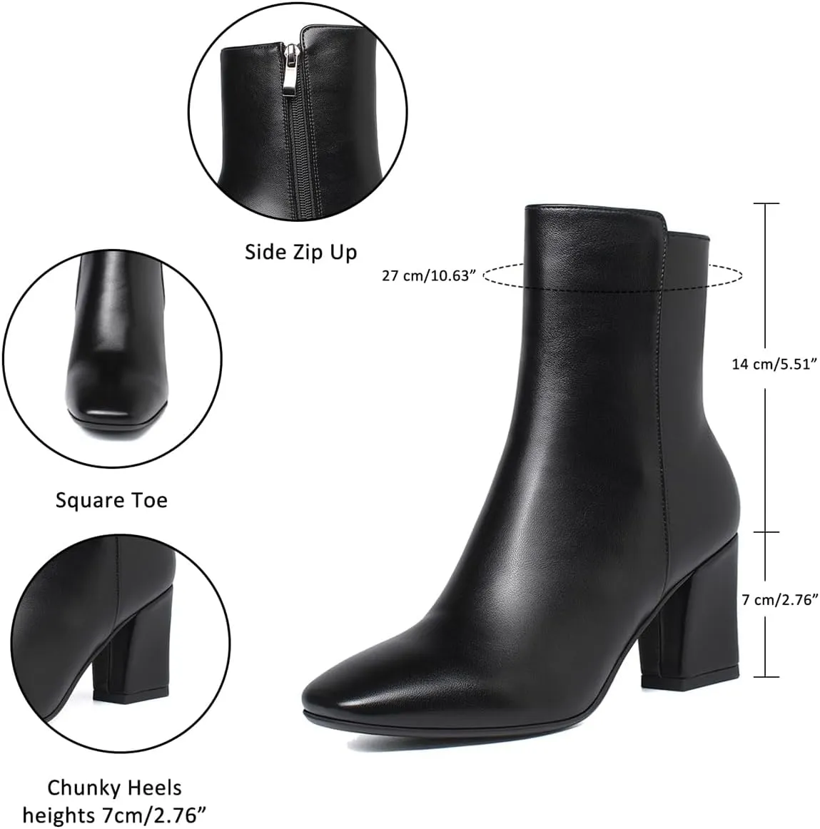 Caradise Womens High Chunky Heeled Boots Zip Up Square Toe Ankle Booties