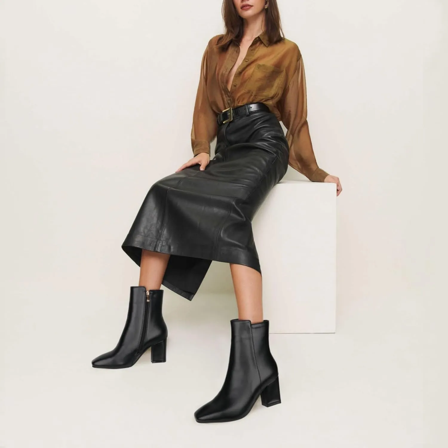 Caradise Womens High Chunky Heeled Boots Zip Up Square Toe Ankle Booties
