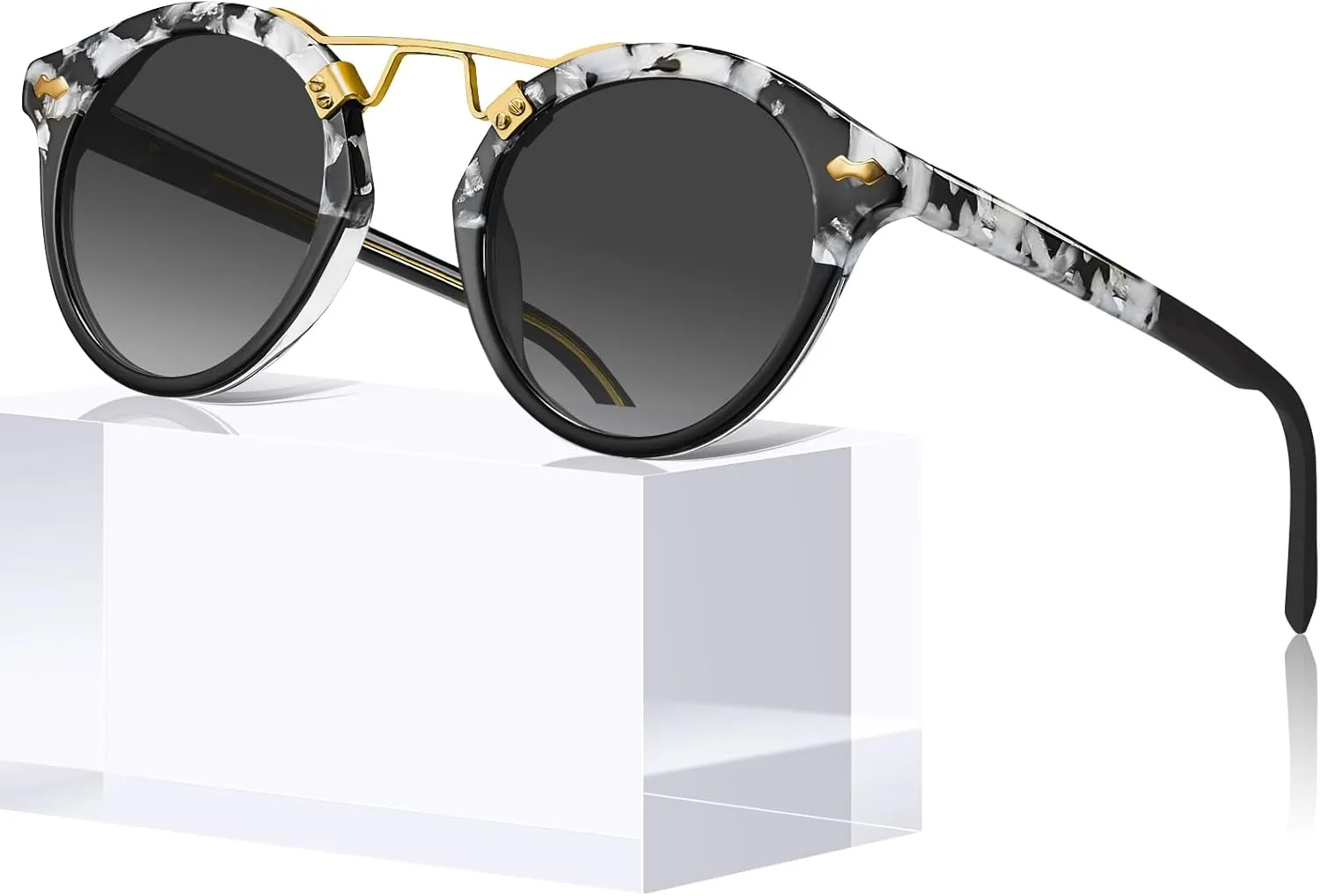 CARFIA Double Bridge Small Acetate Sunglasses for Women Polarized, Retro Metal Brow Ladies Sunnies Fashion Round Eyewears
