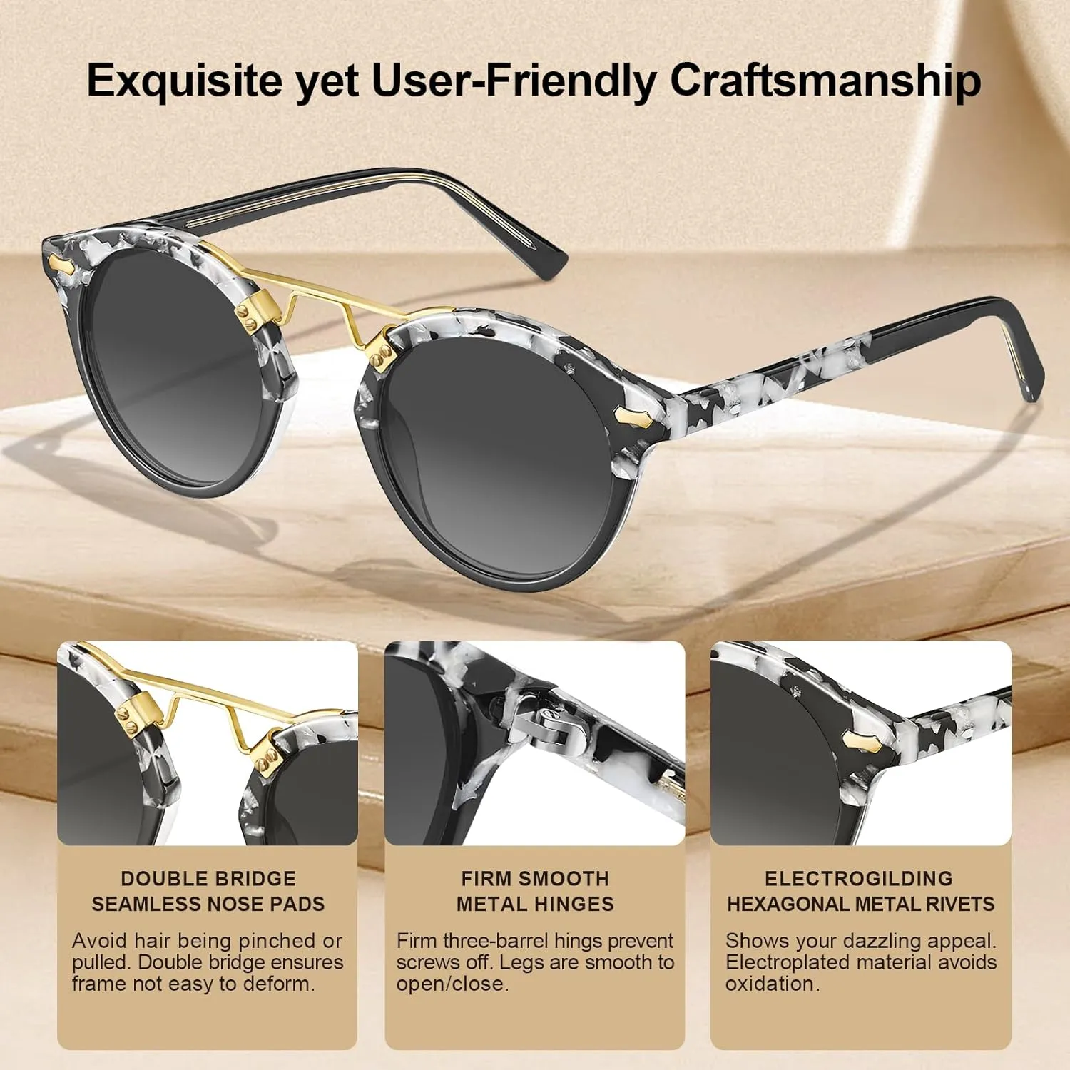 CARFIA Double Bridge Small Acetate Sunglasses for Women Polarized, Retro Metal Brow Ladies Sunnies Fashion Round Eyewears