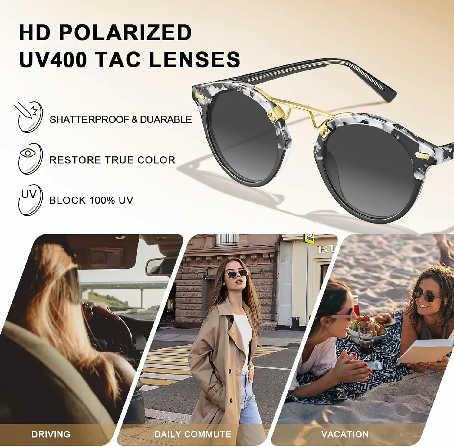 CARFIA Double Bridge Small Acetate Sunglasses for Women Polarized, Retro Metal Brow Ladies Sunnies Fashion Round Eyewears