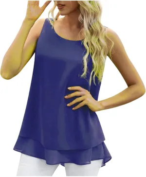 Ceboyel Women Double Layers Hem Blouses Top Scoop Neck Flowy Tank Tops Sleeveless Shirt Tunic Casual Summer Beach Outfits