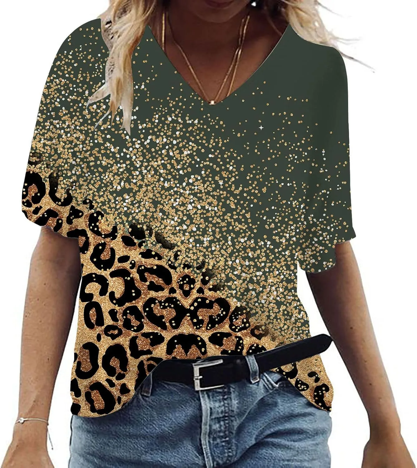 Ceboyel Womens Leopard Print Summer Blouse V Neck Tunic T Shirts Short Sleeve Casual Loose Tee Tops Flowy Ladies Outfits 2023