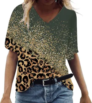 Ceboyel Womens Leopard Print Summer Blouse V Neck Tunic T Shirts Short Sleeve Casual Loose Tee Tops Flowy Ladies Outfits 2023