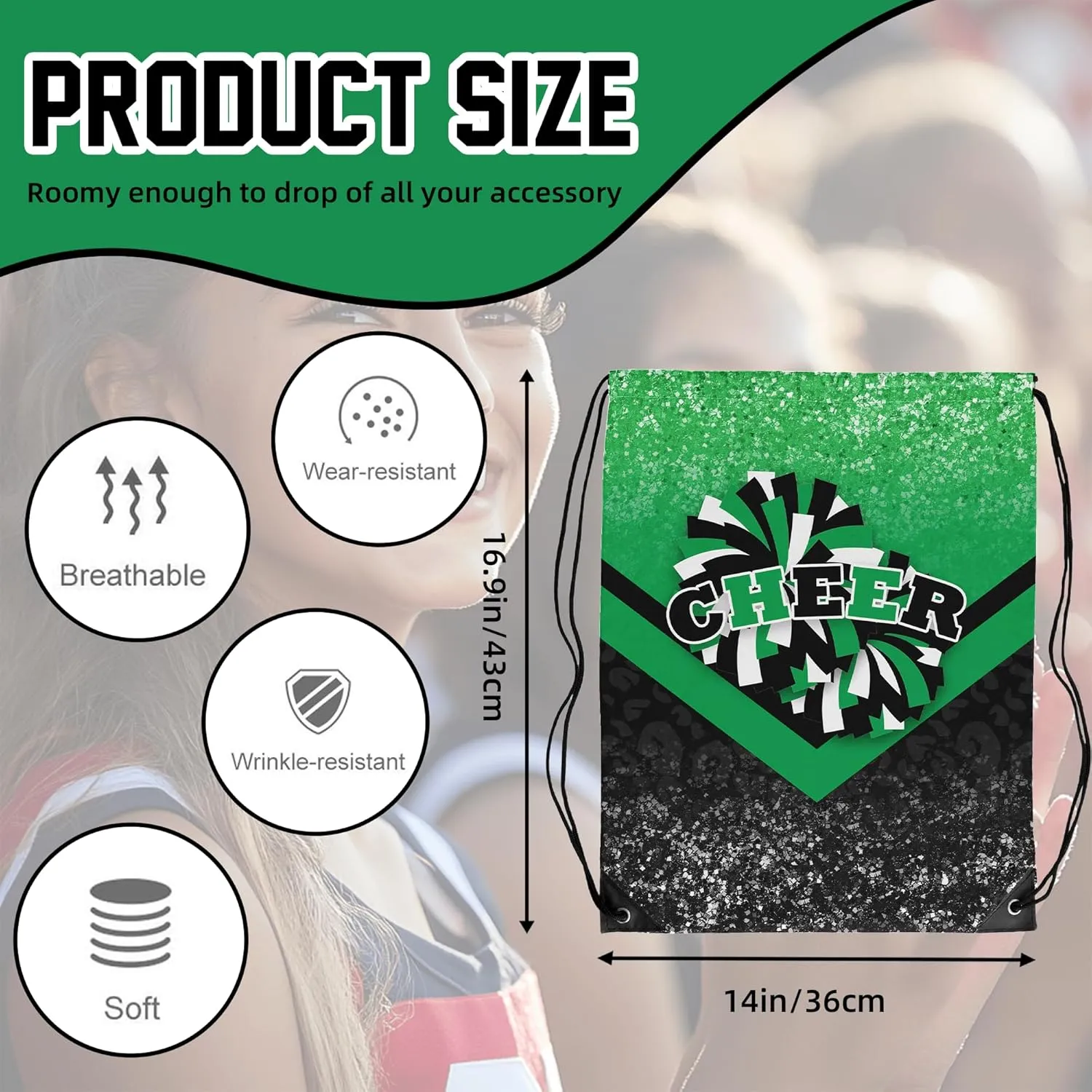 Cheer Drawstring Backpack 6Pcs Cheerleading Drawstring Gym Bag Cheer Accessories Cheerleader Gifts for Cheerleaders (Green&Black)
