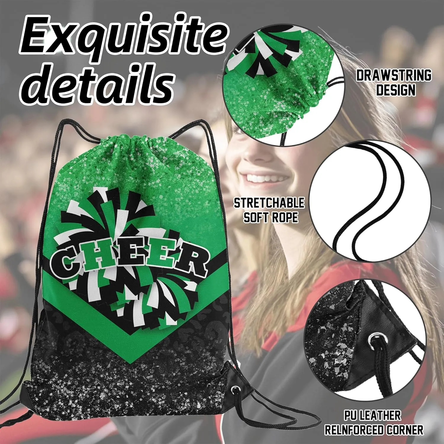 Cheer Drawstring Backpack 6Pcs Cheerleading Drawstring Gym Bag Cheer Accessories Cheerleader Gifts for Cheerleaders (Green&Black)