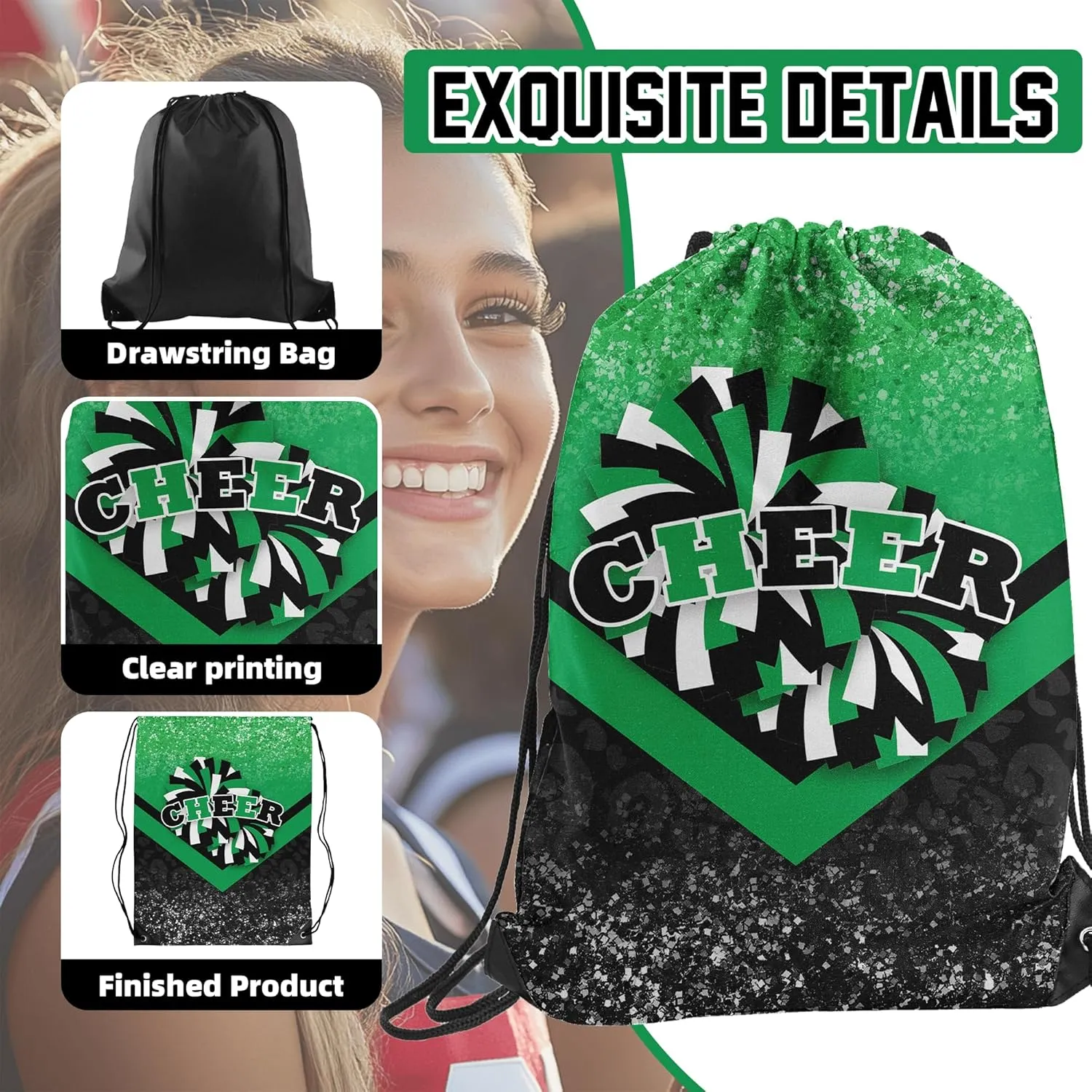 Cheer Drawstring Backpack 6Pcs Cheerleading Drawstring Gym Bag Cheer Accessories Cheerleader Gifts for Cheerleaders (Green&Black)
