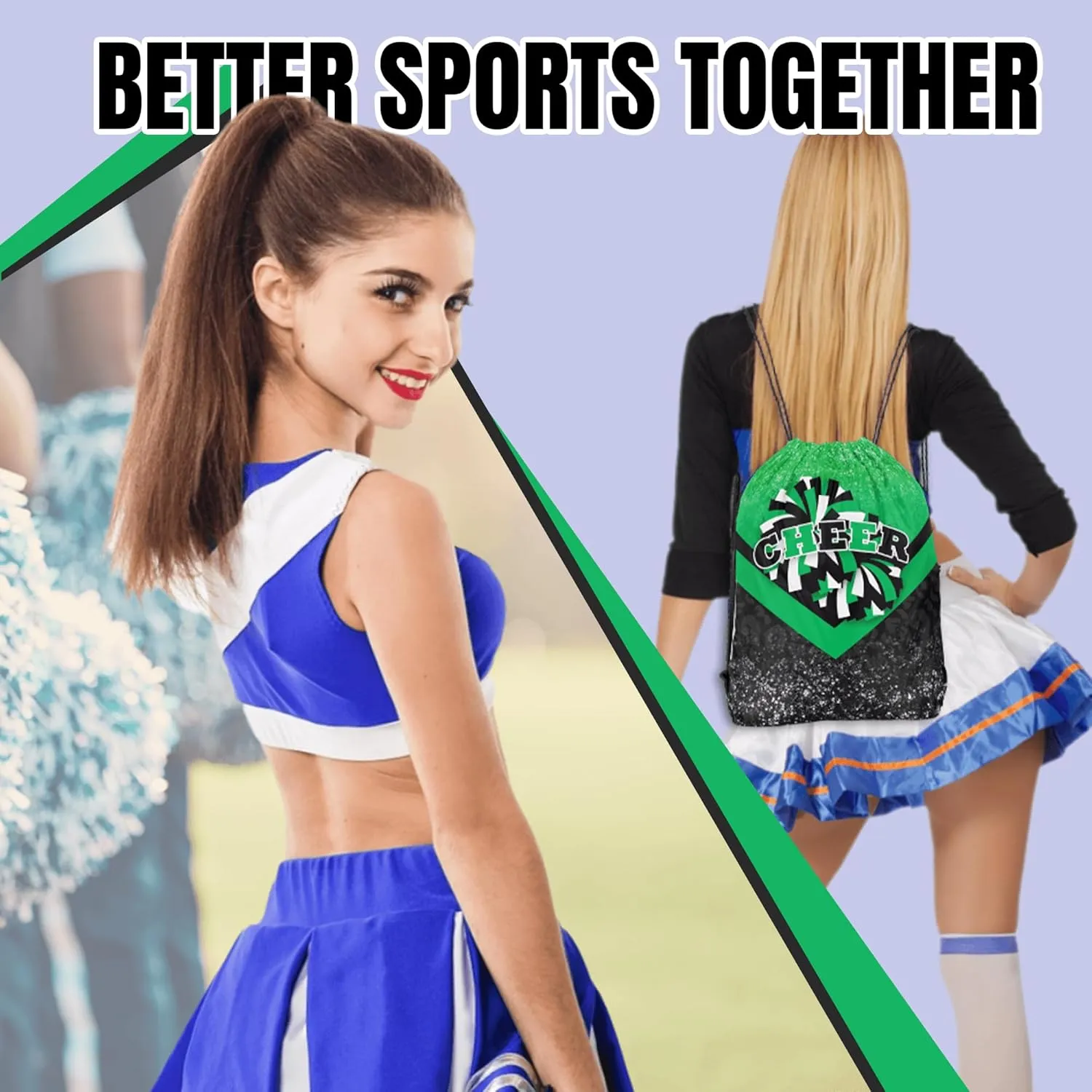 Cheer Drawstring Backpack 6Pcs Cheerleading Drawstring Gym Bag Cheer Accessories Cheerleader Gifts for Cheerleaders (Green&Black)