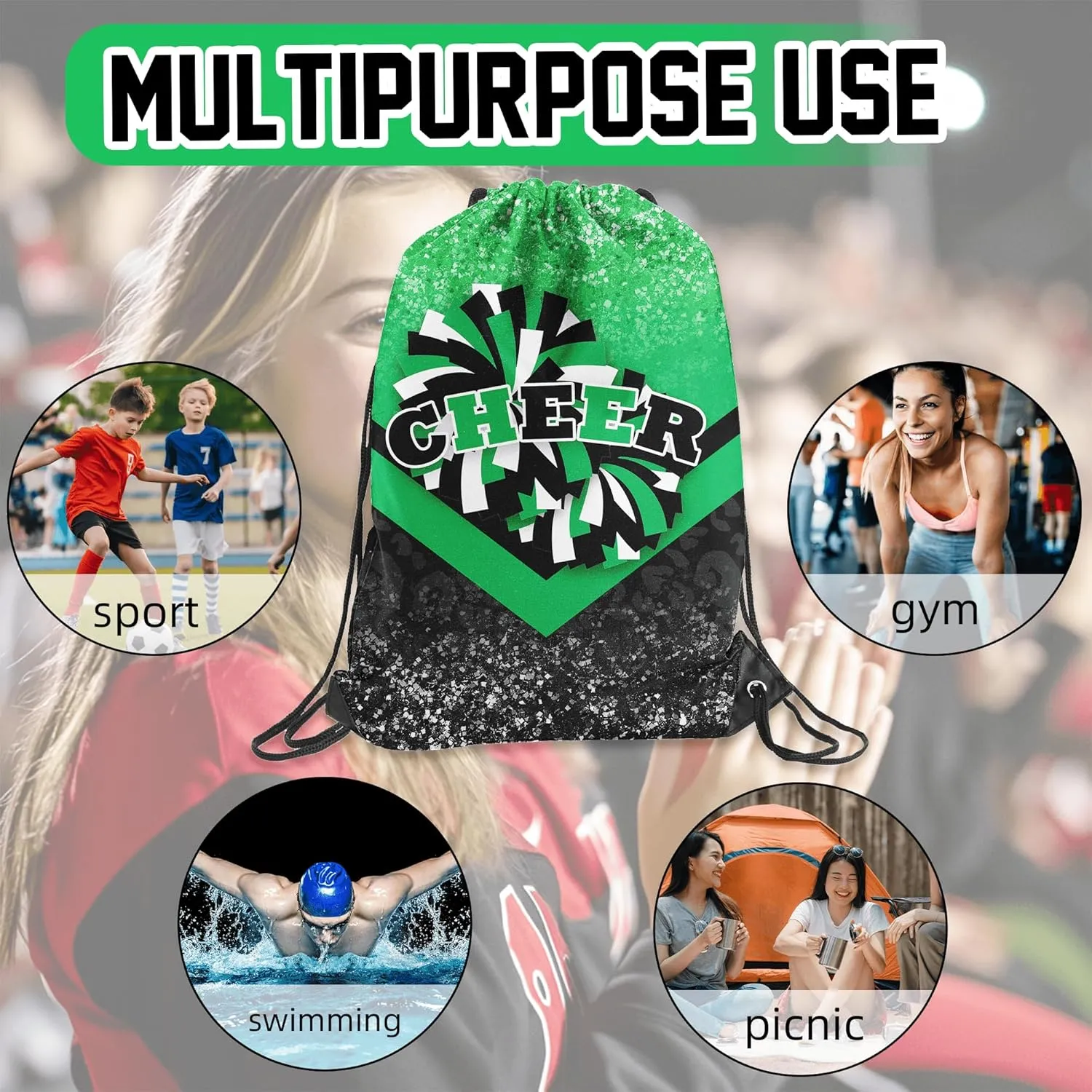 Cheer Drawstring Backpack 6Pcs Cheerleading Drawstring Gym Bag Cheer Accessories Cheerleader Gifts for Cheerleaders (Green&Black)