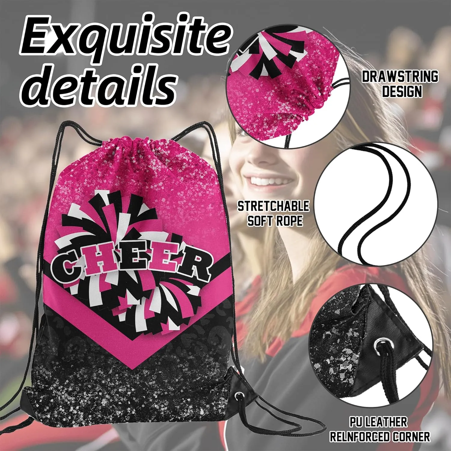 Cheer Drawstring Backpack 6Pcs Cheerleading Drawstring Gym Bag Cheer Accessories Cheerleader Gifts for Cheerleaders (Rose&Black)
