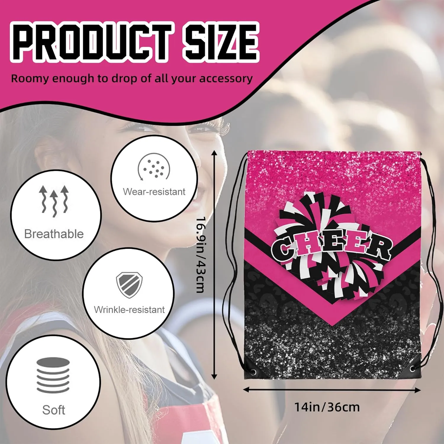 Cheer Drawstring Backpack 6Pcs Cheerleading Drawstring Gym Bag Cheer Accessories Cheerleader Gifts for Cheerleaders (Rose&Black)