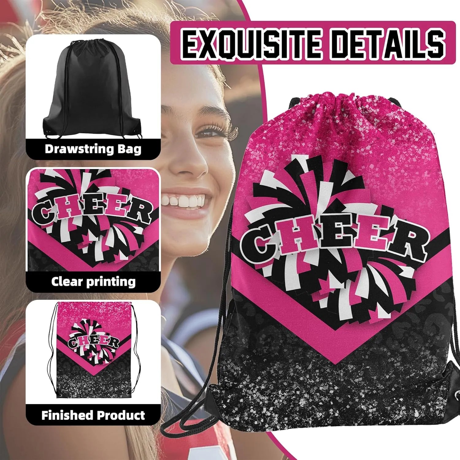 Cheer Drawstring Backpack 6Pcs Cheerleading Drawstring Gym Bag Cheer Accessories Cheerleader Gifts for Cheerleaders (Rose&Black)