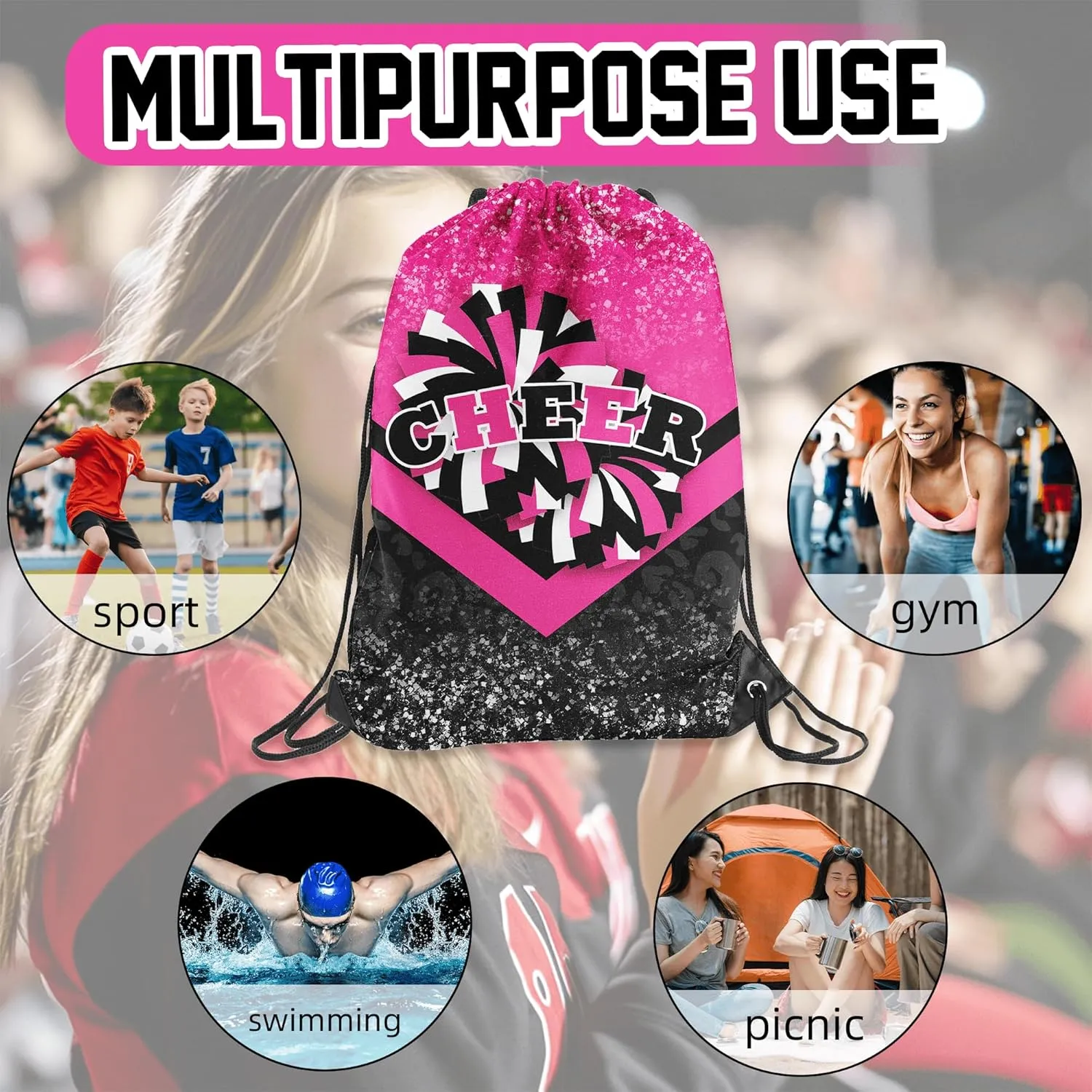 Cheer Drawstring Backpack 6Pcs Cheerleading Drawstring Gym Bag Cheer Accessories Cheerleader Gifts for Cheerleaders (Rose&Black)