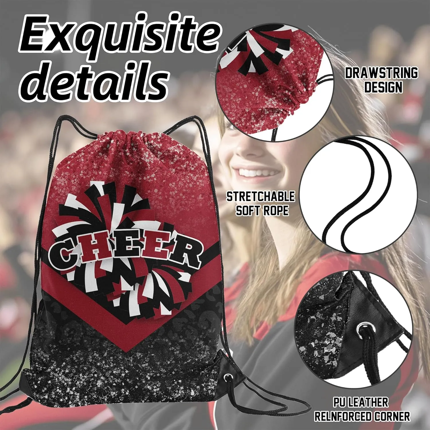Cheer Drawstring Backpack 6Pcs Cheerleading Drawstring Gym Bag Cheer Accessories Cheerleader Gifts for Cheerleaders (Winered&Black)