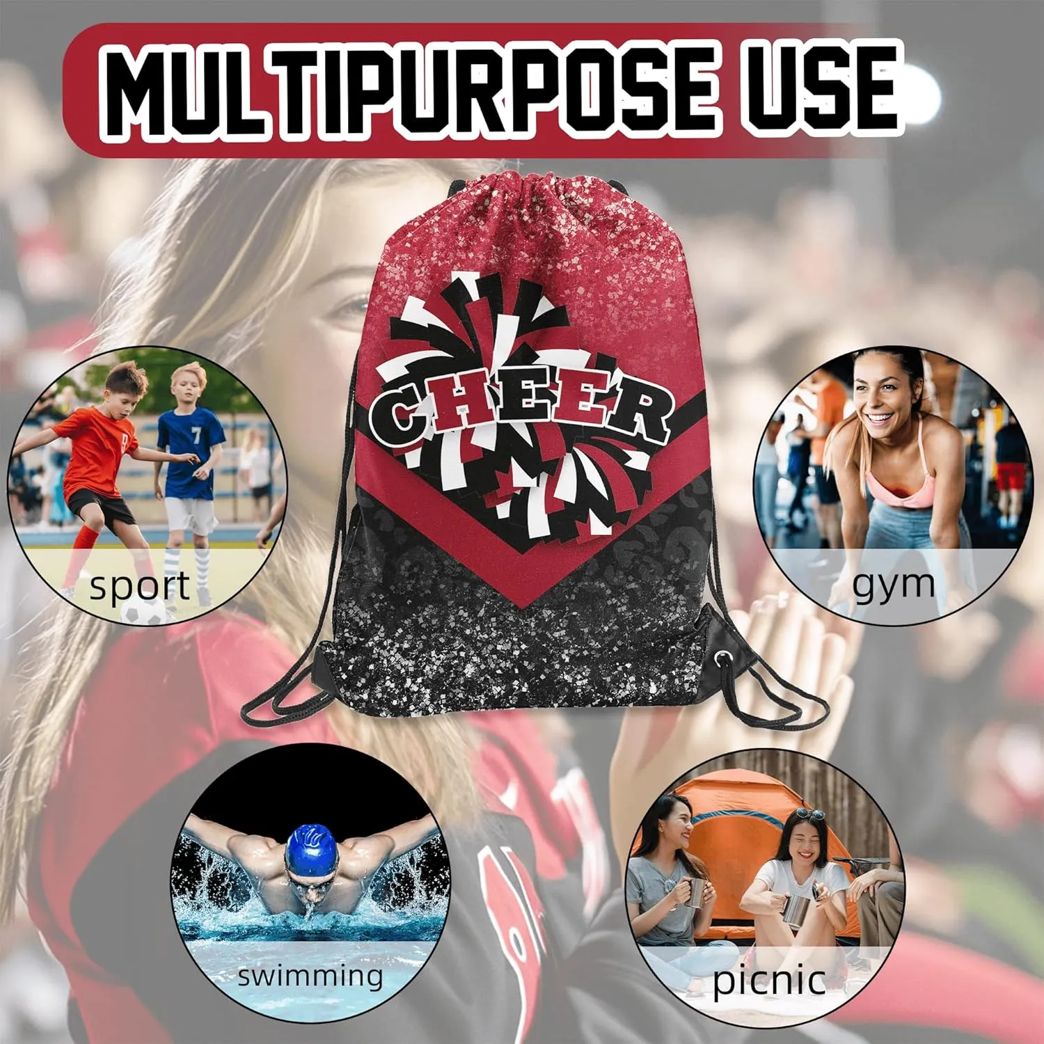 Cheer Drawstring Backpack 6Pcs Cheerleading Drawstring Gym Bag Cheer Accessories Cheerleader Gifts for Cheerleaders (Winered&Black)