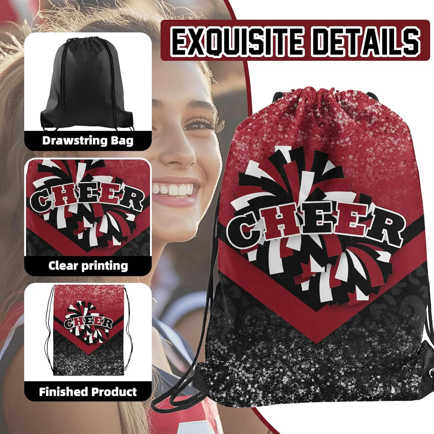 Cheer Drawstring Backpack 6Pcs Cheerleading Drawstring Gym Bag Cheer Accessories Cheerleader Gifts for Cheerleaders (Winered&Black)