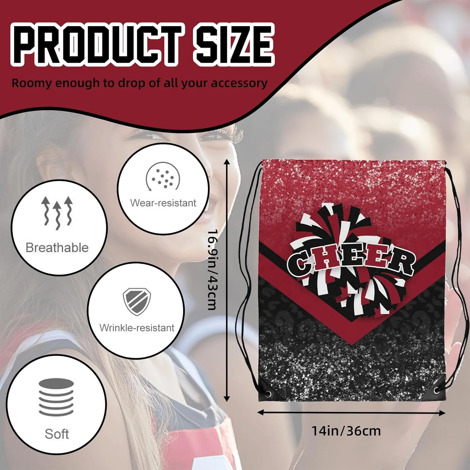 Cheer Drawstring Backpack 6Pcs Cheerleading Drawstring Gym Bag Cheer Accessories Cheerleader Gifts for Cheerleaders (Winered&Black)