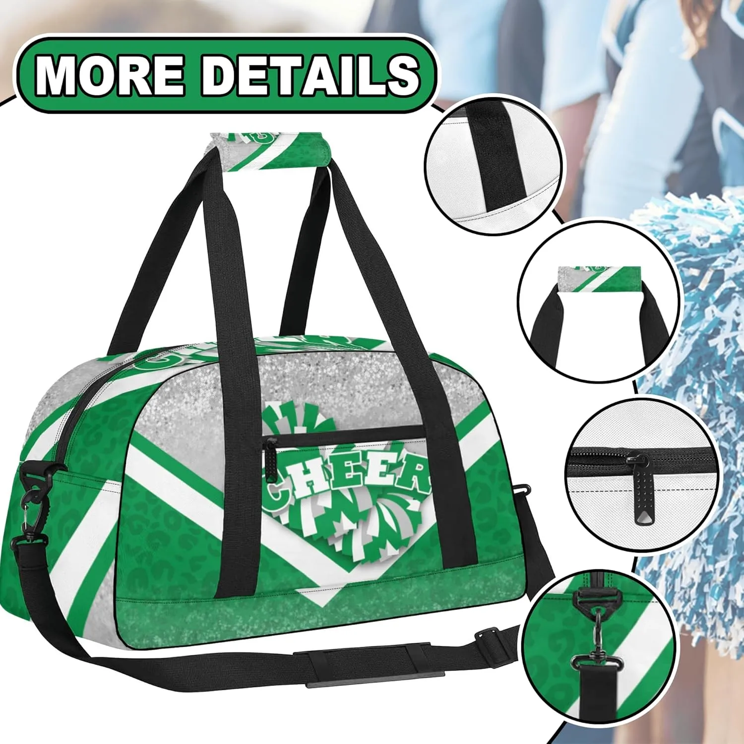 Cheer Duffle Bag for Cheerleaders, Cheerleading Gym Bag for Women, Carry on Weekender Bags, Travel Bag Duffel Bag (Silver&Green)