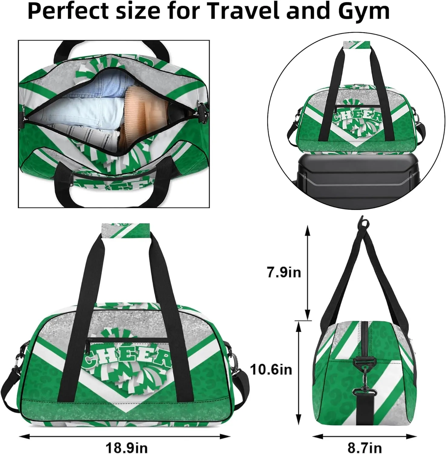 Cheer Duffle Bag for Cheerleaders, Cheerleading Gym Bag for Women, Carry on Weekender Bags, Travel Bag Duffel Bag (Silver&Green)