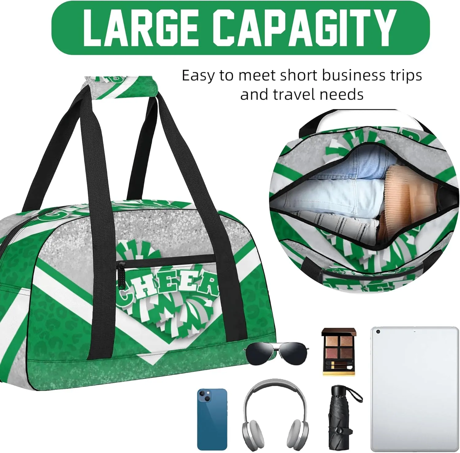 Cheer Duffle Bag for Cheerleaders, Cheerleading Gym Bag for Women, Carry on Weekender Bags, Travel Bag Duffel Bag (Silver&Green)