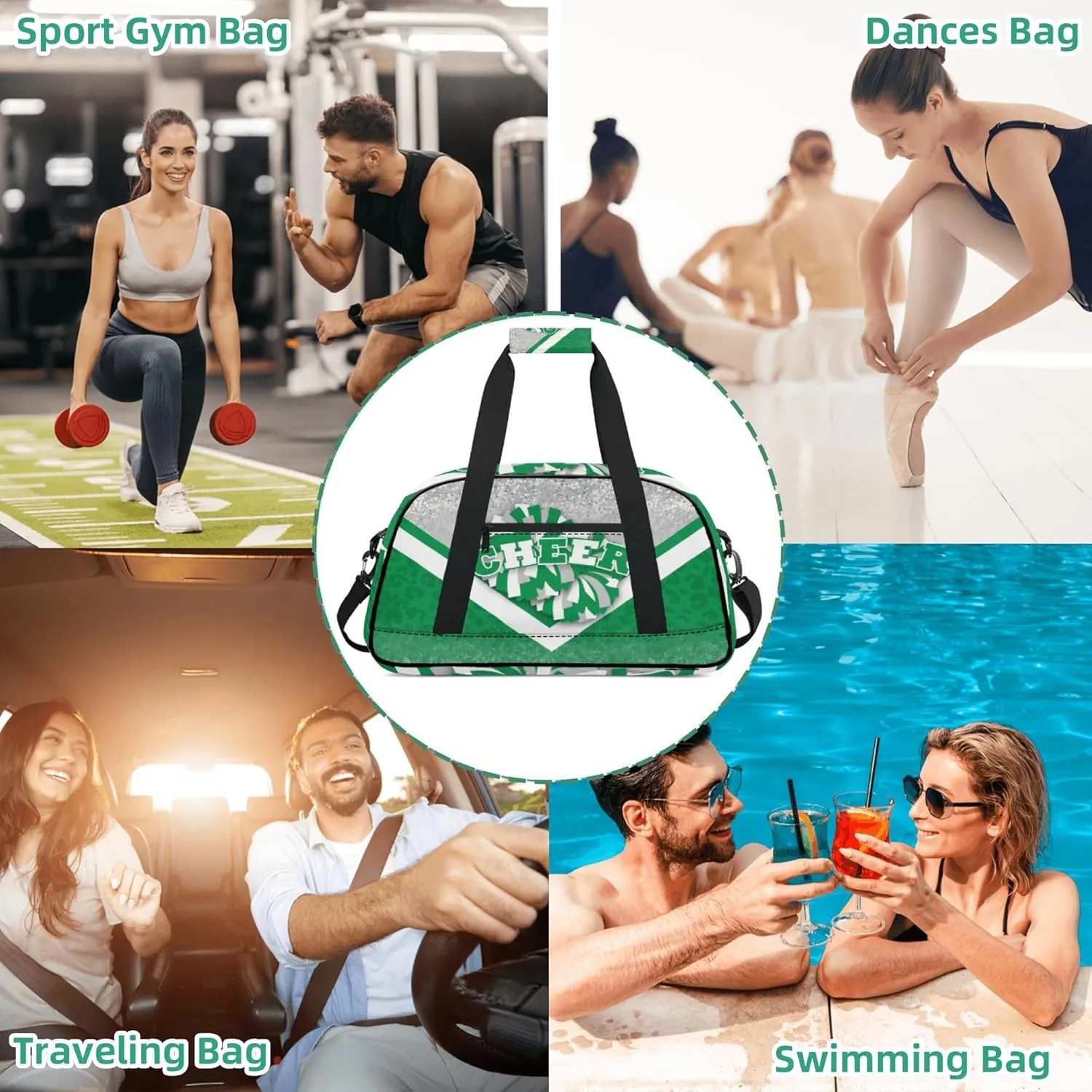 Cheer Duffle Bag for Cheerleaders, Cheerleading Gym Bag for Women, Carry on Weekender Bags, Travel Bag Duffel Bag (Silver&Green)