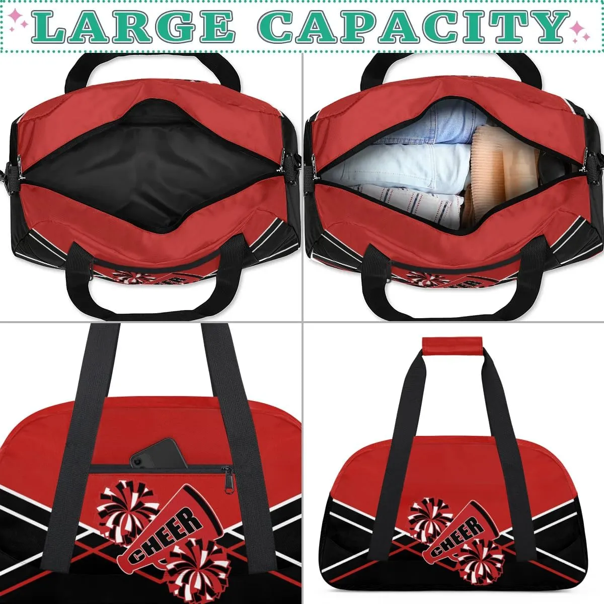 Cheer Kid Duffel Bag Collapsible Sports Gym Bags Travel Weekender Overnight Bag for Girls Boys Personalized Gymnastics Sleepover Bag Black Red