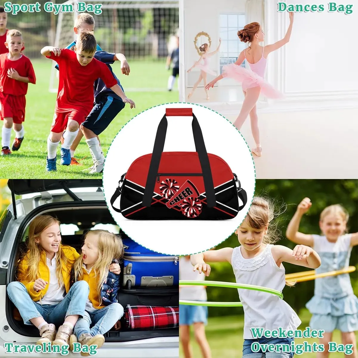 Cheer Kid Duffel Bag Collapsible Sports Gym Bags Travel Weekender Overnight Bag for Girls Boys Personalized Gymnastics Sleepover Bag Black Red
