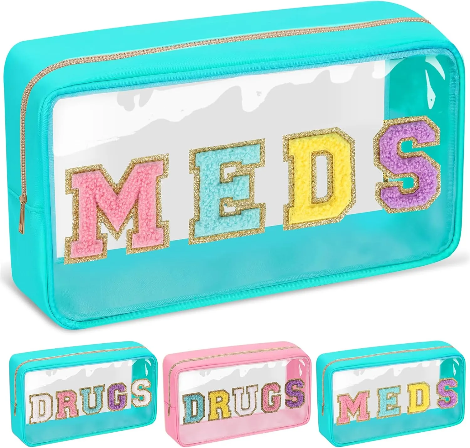 Chenille Letter Bag, Preppy Cute Small Medicine Pouch, Green Nylon Waterproof Portable Zipper Pouch, MEDS Storage Organizer for Patient Nurse