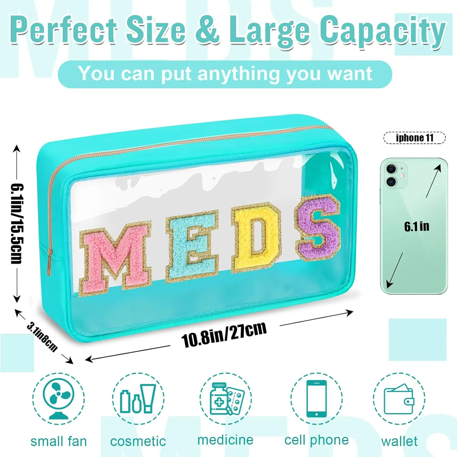 Chenille Letter Bag, Preppy Cute Small Medicine Pouch, Green Nylon Waterproof Portable Zipper Pouch, MEDS Storage Organizer for Patient Nurse