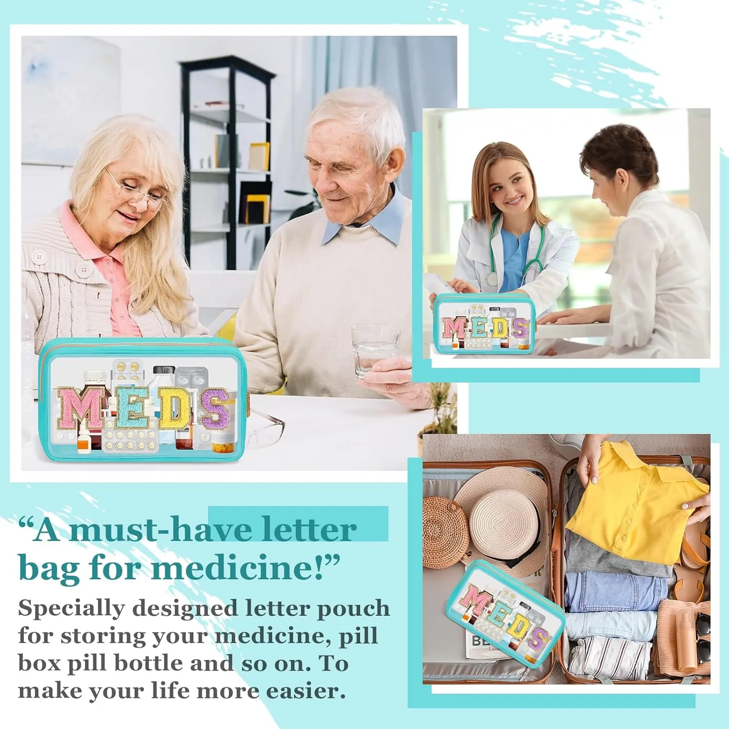 Chenille Letter Bag, Preppy Cute Small Medicine Pouch, Green Nylon Waterproof Portable Zipper Pouch, MEDS Storage Organizer for Patient Nurse