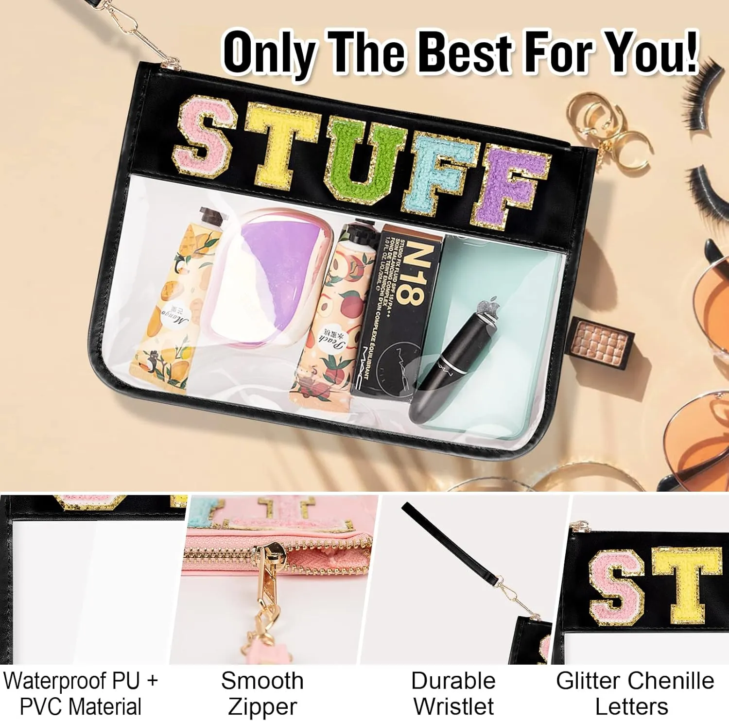 Chenille Letter Clear Bag Stuff Purse, Monogram PVC & PU Clear Zipper Pouch with Wristlet, Waterproof Portable Glitter Snacks Makeup Beach Toiletry Bag for Women Girls (STUFF-Black)