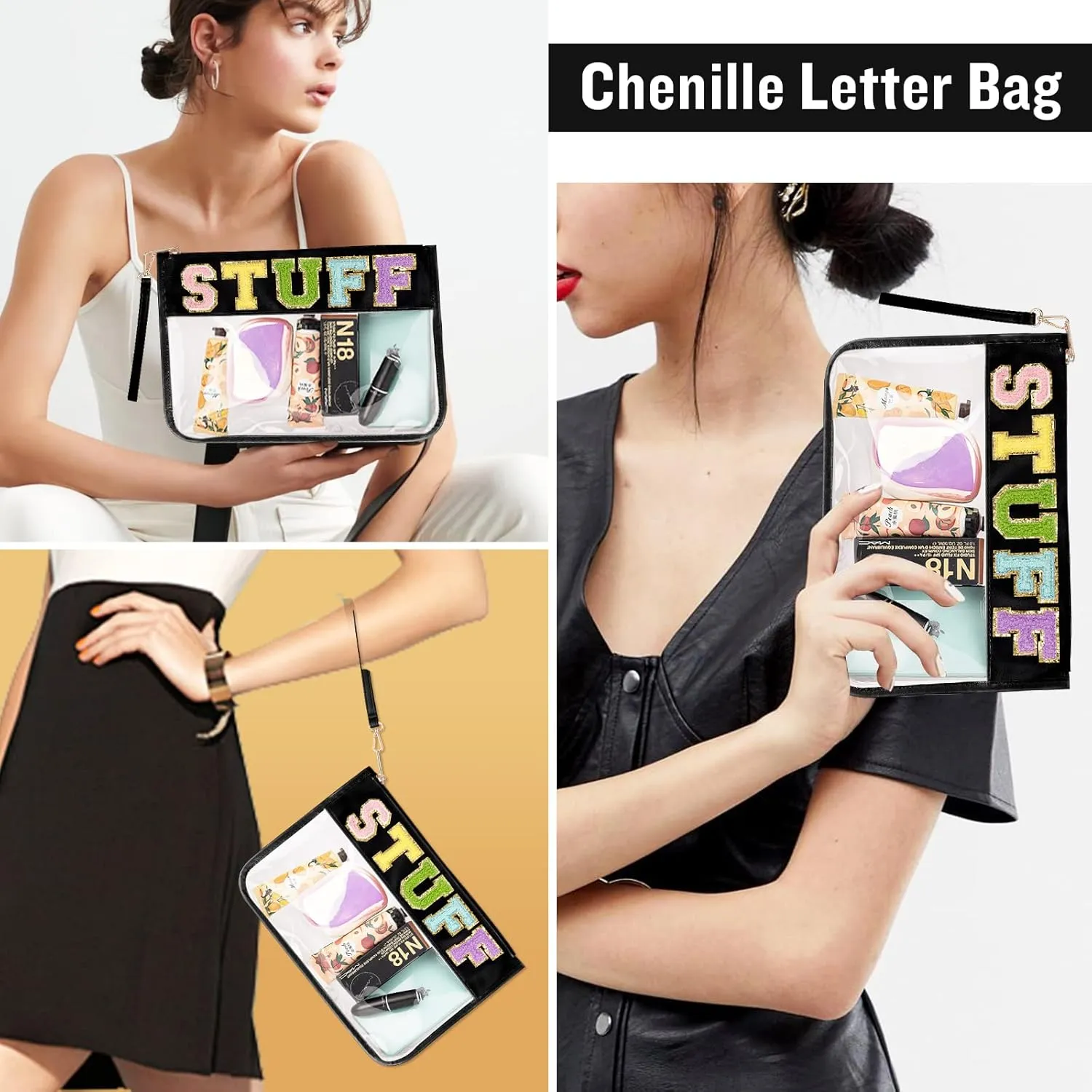 Chenille Letter Clear Bag Stuff Purse, Monogram PVC & PU Clear Zipper Pouch with Wristlet, Waterproof Portable Glitter Snacks Makeup Beach Toiletry Bag for Women Girls (STUFF-Black)