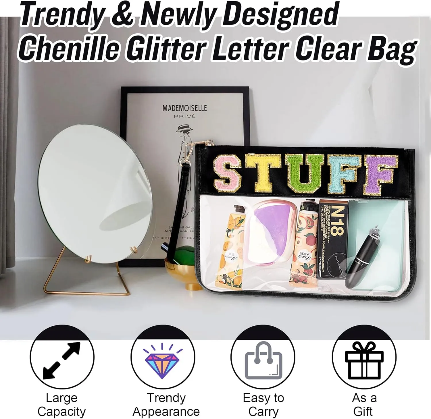 Chenille Letter Clear Bag Stuff Purse, Monogram PVC & PU Clear Zipper Pouch with Wristlet, Waterproof Portable Glitter Snacks Makeup Beach Toiletry Bag for Women Girls (STUFF-Black)