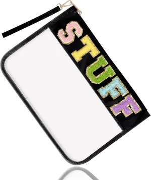 Chenille Letter Clear Bag Stuff Purse, Monogram PVC & PU Clear Zipper Pouch with Wristlet, Waterproof Portable Glitter Snacks Makeup Beach Toiletry Bag for Women Girls (STUFF-Black)