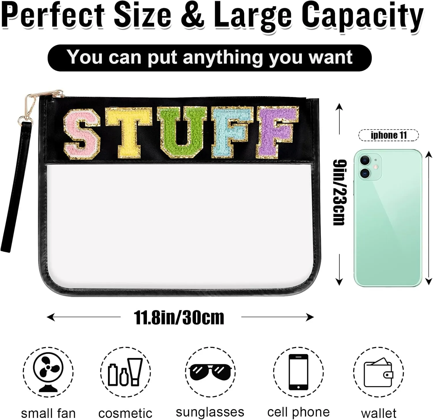 Chenille Letter Clear Bag Stuff Purse, Monogram PVC & PU Clear Zipper Pouch with Wristlet, Waterproof Portable Glitter Snacks Makeup Beach Toiletry Bag for Women Girls (STUFF-Black)