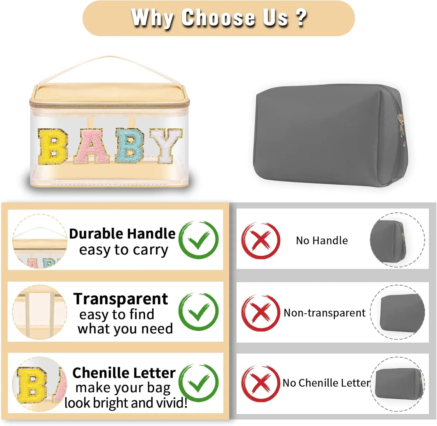 Chenille Letter Clear Makeup Bags Baby Pouch, Preppy Patch Makeup Bag Zipper with Handle, Transparent PVC & Nylon Waterproof Glitter Cosmetic Handbag Travel Toiletry Storage for Women Girl(BABY-Beige)
