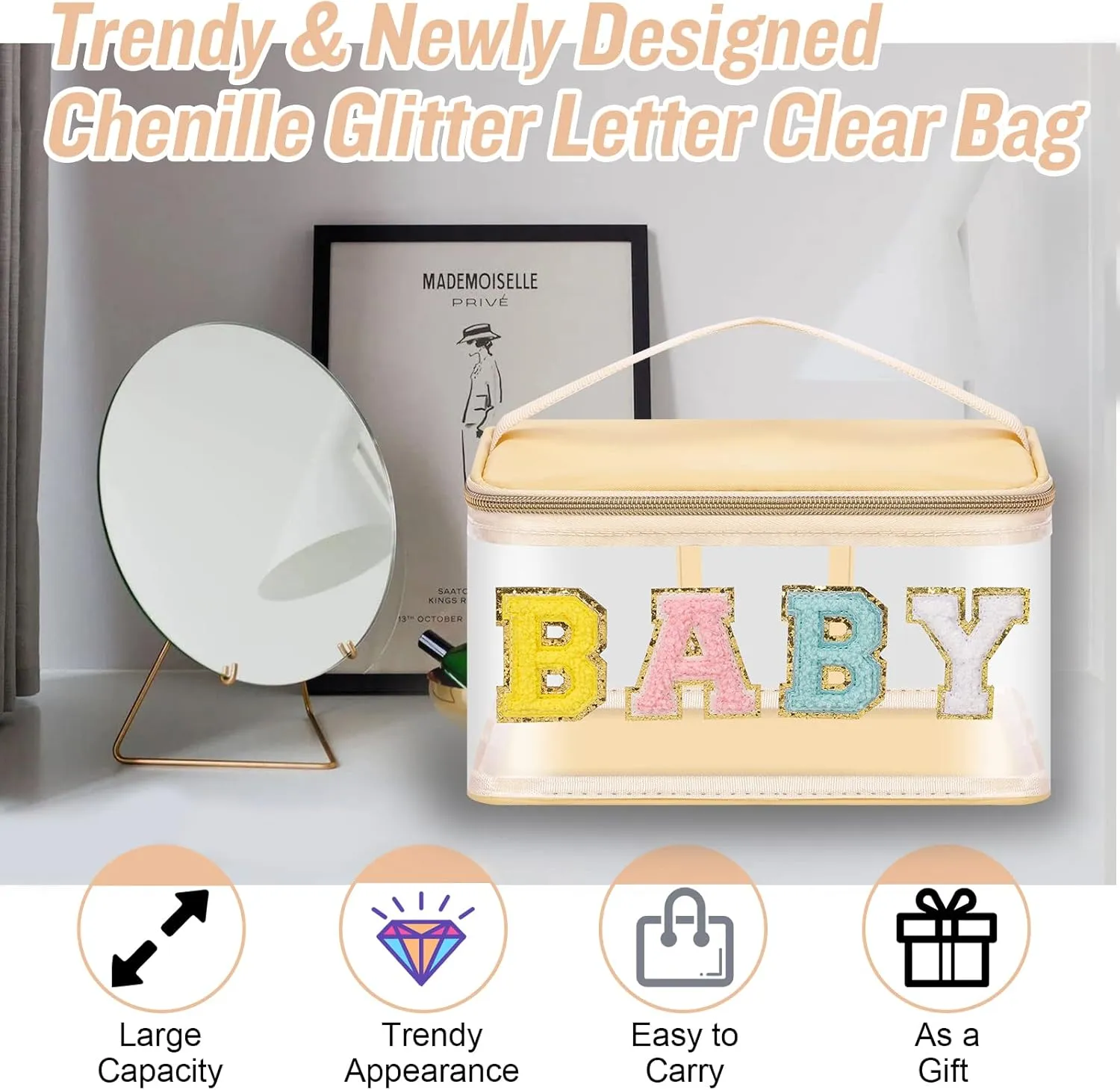 Chenille Letter Clear Makeup Bags Baby Pouch, Preppy Patch Makeup Bag Zipper with Handle, Transparent PVC & Nylon Waterproof Glitter Cosmetic Handbag Travel Toiletry Storage for Women Girl(BABY-Beige)