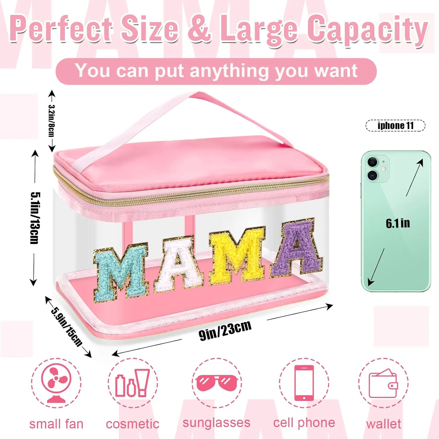 Chenille Letter Clear Makeup Bags Mama Pouch, Preppy Patch Makeup Bag Zipper with Handle, Transparent PVC & Nylon Waterproof Glitter Cosmetic Handbag Travel Toiletry Storage for Women Girl(MAMA-Pink)