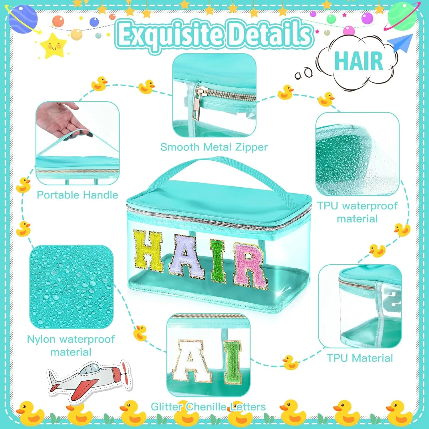 Chenille Letter Clear Makeup Bags, Preppy Patch Makeup Bag Hair Portable Transparent Travel Cosmetic Bag Pouch with Handle Zipper Waterproof TPU Toiletry Storage Bag for Women Girl, HAIR Green