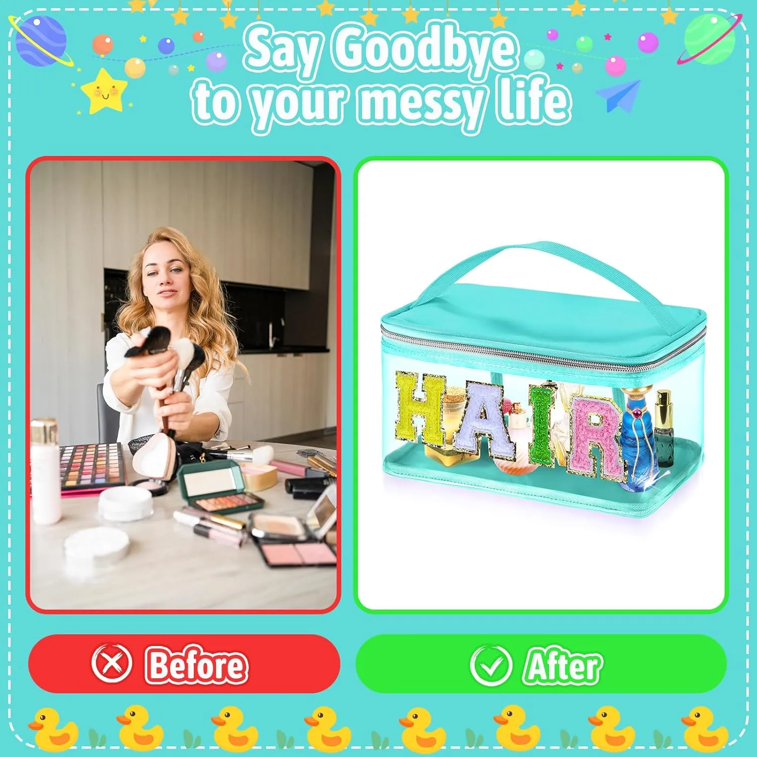 Chenille Letter Clear Makeup Bags, Preppy Patch Makeup Bag Hair Portable Transparent Travel Cosmetic Bag Pouch with Handle Zipper Waterproof TPU Toiletry Storage Bag for Women Girl, HAIR Green