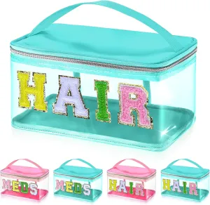 Chenille Letter Clear Makeup Bags, Preppy Patch Makeup Bag Hair Portable Transparent Travel Cosmetic Bag Pouch with Handle Zipper Waterproof TPU Toiletry Storage Bag for Women Girl, HAIR Green