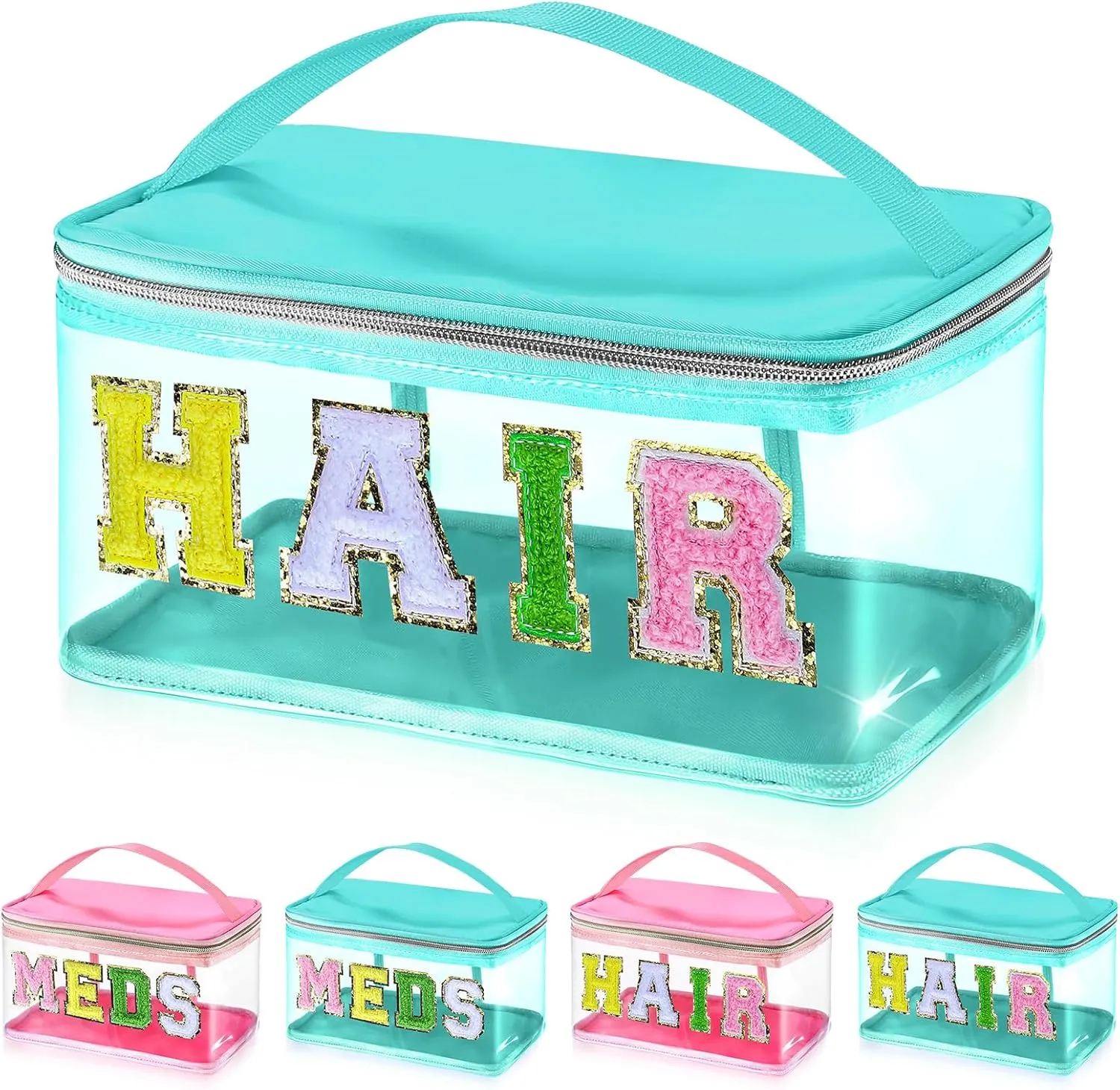 Chenille Letter Clear Makeup Bags, Preppy Patch Makeup Bag Hair Portable Transparent Travel Cosmetic Bag Pouch with Handle Zipper Waterproof TPU Toiletry Storage Bag for Women Girl, HAIR Green